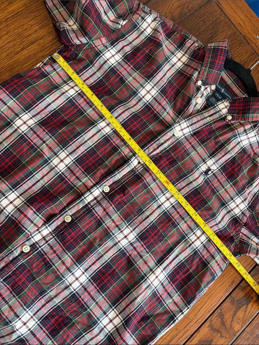 Ralph Lauren Red Blue Green Plaid Button-Down Shirt Large 16/18  Kids Cotton